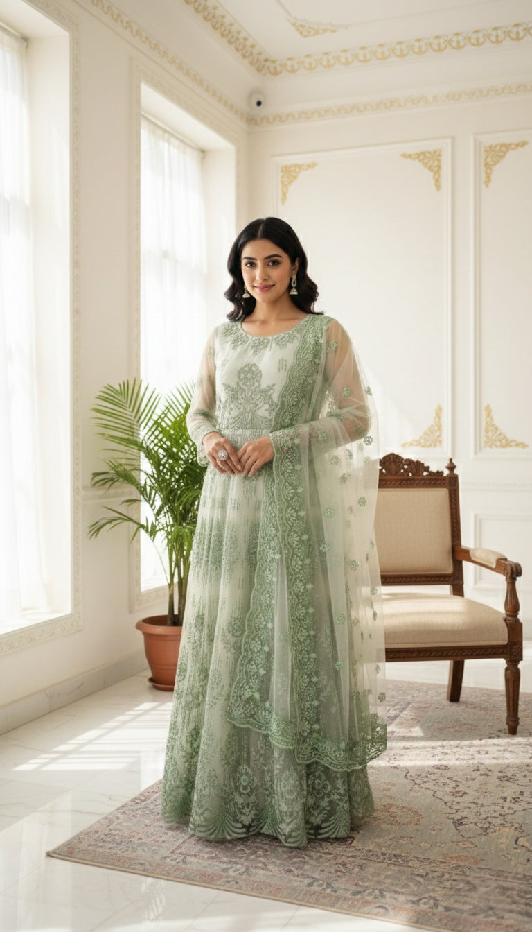 WOMEN LIGHT GREEN GLITTER AND BEADS EMBOIDERED NET LONG GOWN DUPPATTA SET