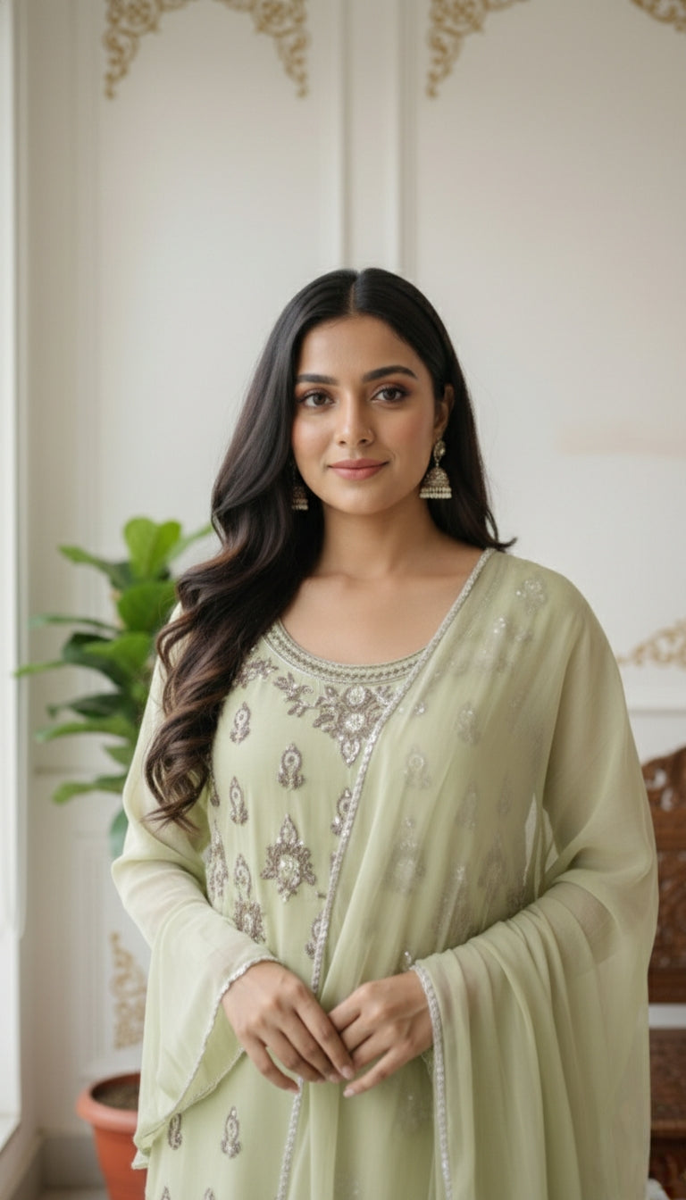 WOMEN PISTA GREEN BEADS MIRROR EMBOIDERED GEORGETTE KURTA SHARARA DUPPATTA SET