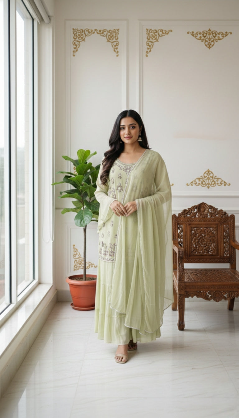 WOMEN PISTA GREEN BEADS MIRROR EMBOIDERED GEORGETTE KURTA SHARARA DUPPATTA SET
