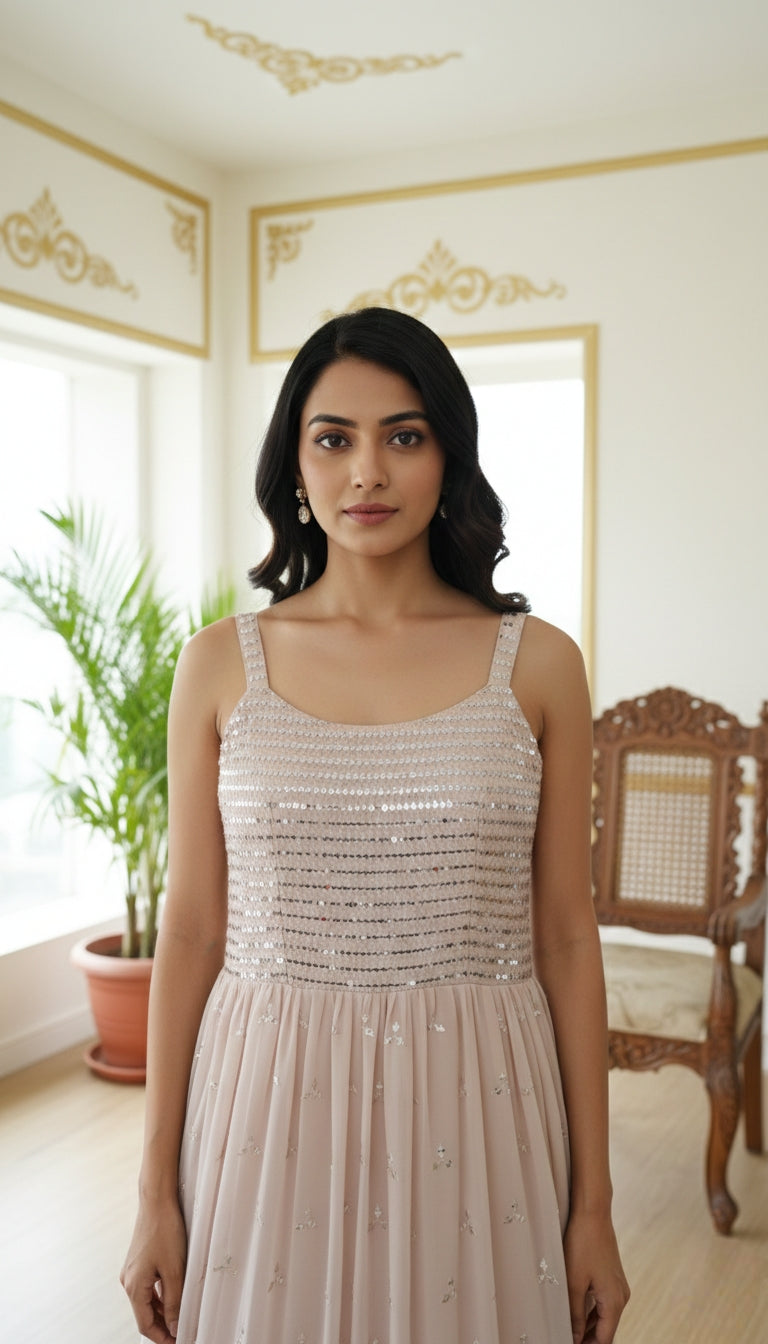 WOMEN BEIGE BEADS THREAD EMBOIDERED GEORGETTE LONG GOWN AND DUPPATTA SET