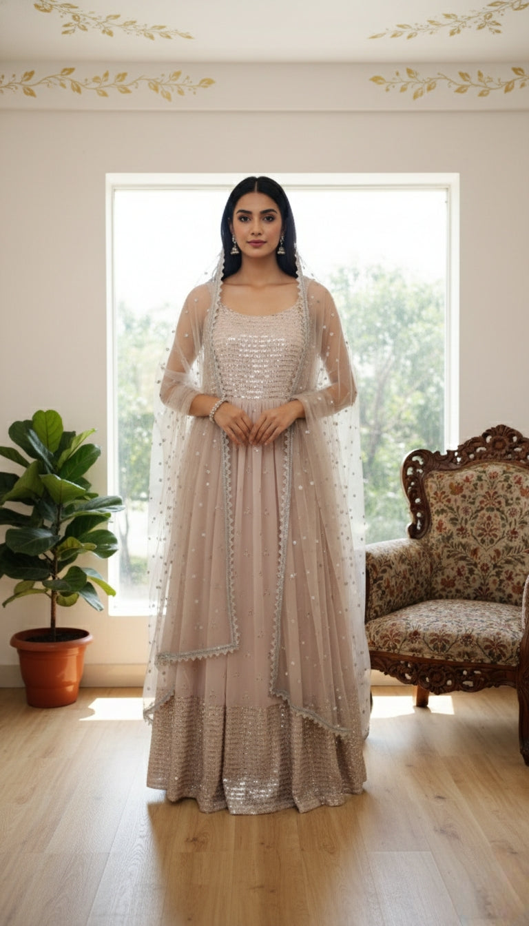 WOMEN BEIGE BEADS THREAD EMBOIDERED GEORGETTE LONG GOWN AND DUPPATTA SET
