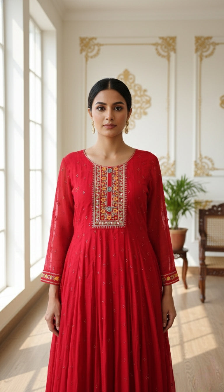 WOMEN RED ZARI EMBOIDERED MIRROR CHANDERI SILK LONG GOWN DUPPATTA SET