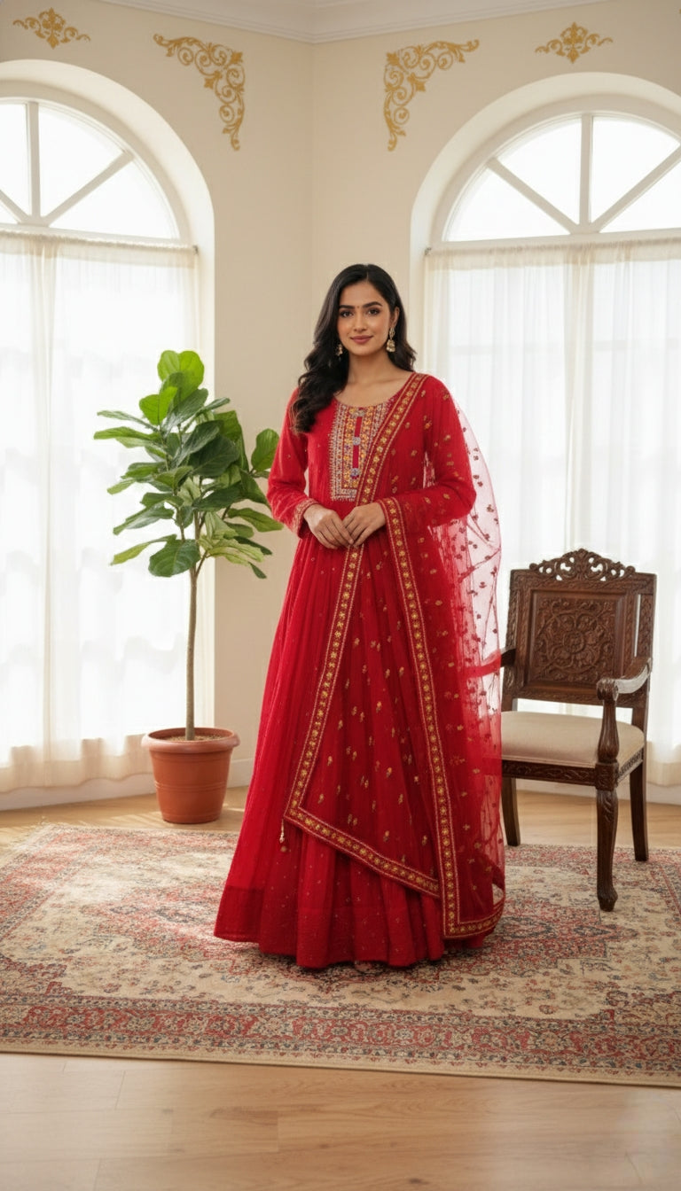 WOMEN RED ZARI EMBOIDERED MIRROR CHANDERI SILK LONG GOWN DUPPATTA SET