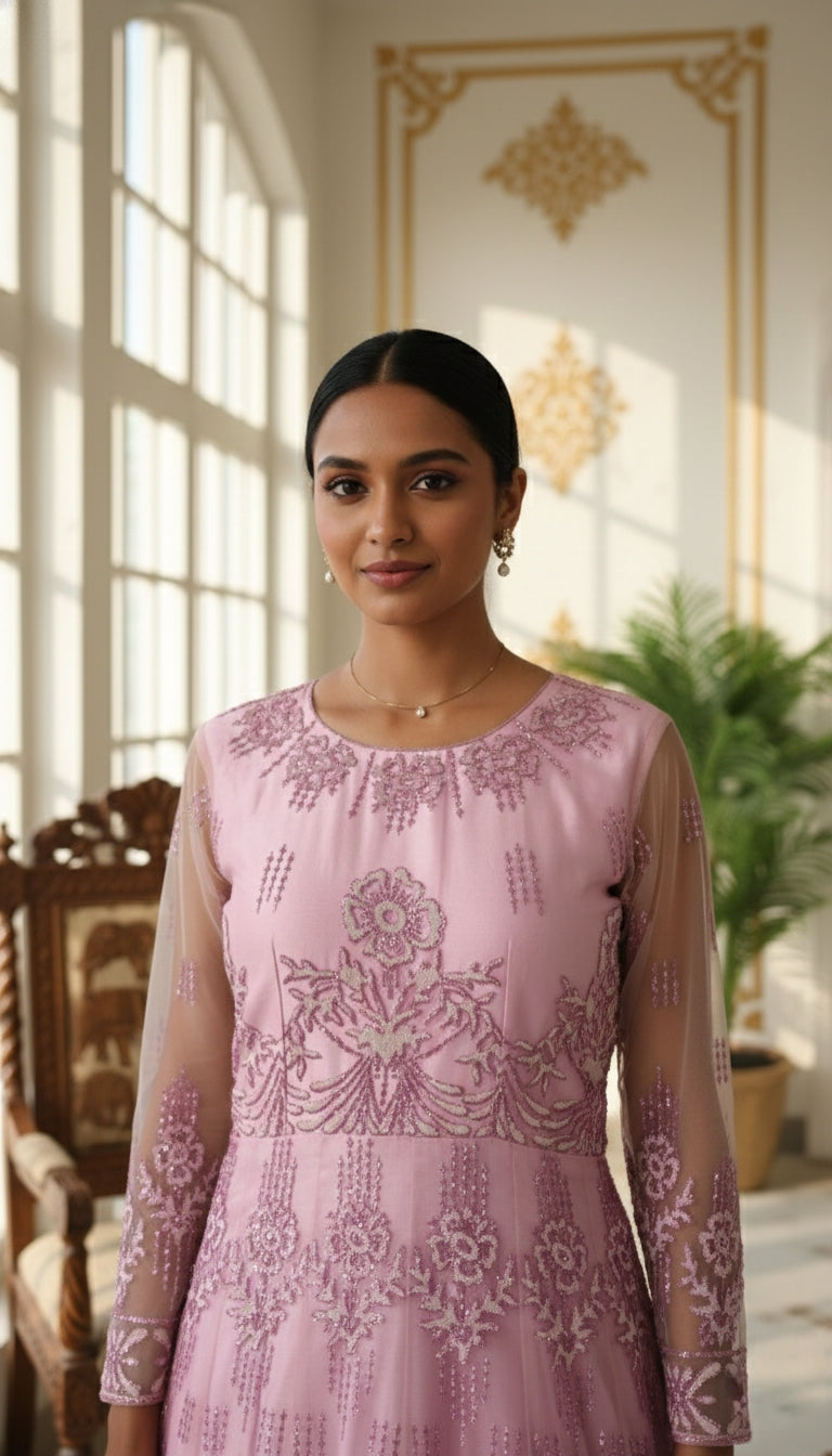 WOMEN LIGHT PINK GLITTER BEADS EMBOIDERED NET LONG GOWN DUPPATTA SET