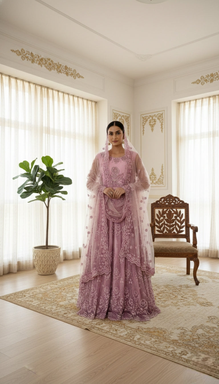 WOMEN LIGHT PINK GLITTER BEADS EMBOIDERED NET LONG GOWN DUPPATTA SET