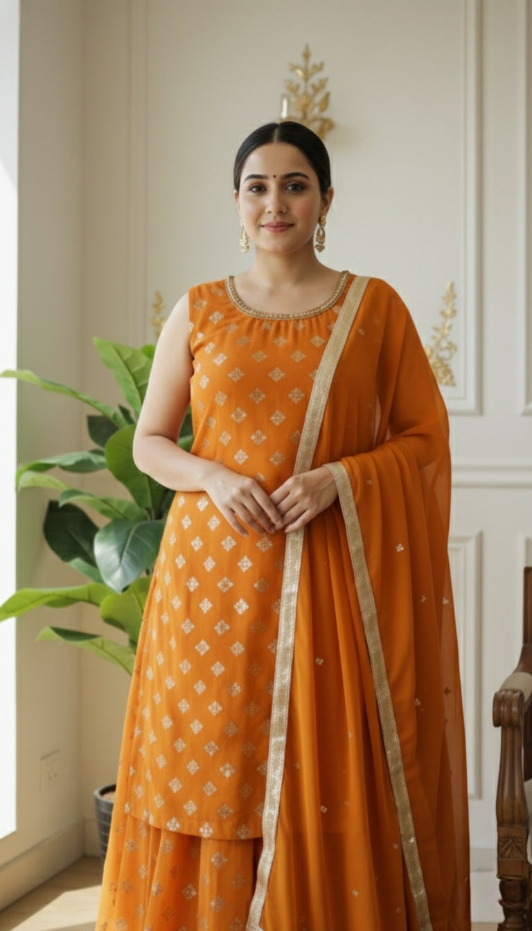 WOMEN YELLOW ZARI MIRROR EMBOIDERED GEORGETTE SHORT KURTA LEHENGA DUPPATTA SET