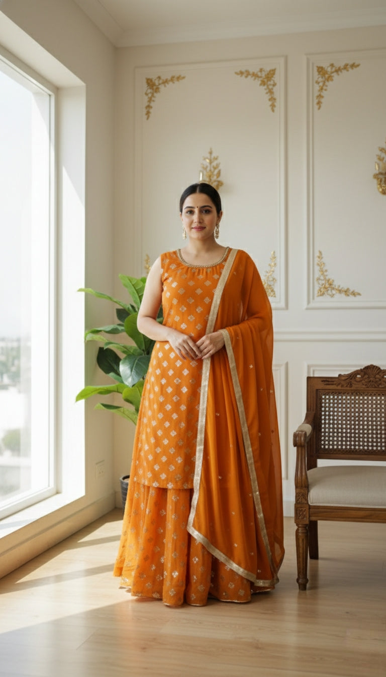 WOMEN YELLOW ZARI MIRROR EMBOIDERED GEORGETTE SHORT KURTA LEHENGA DUPPATTA SET