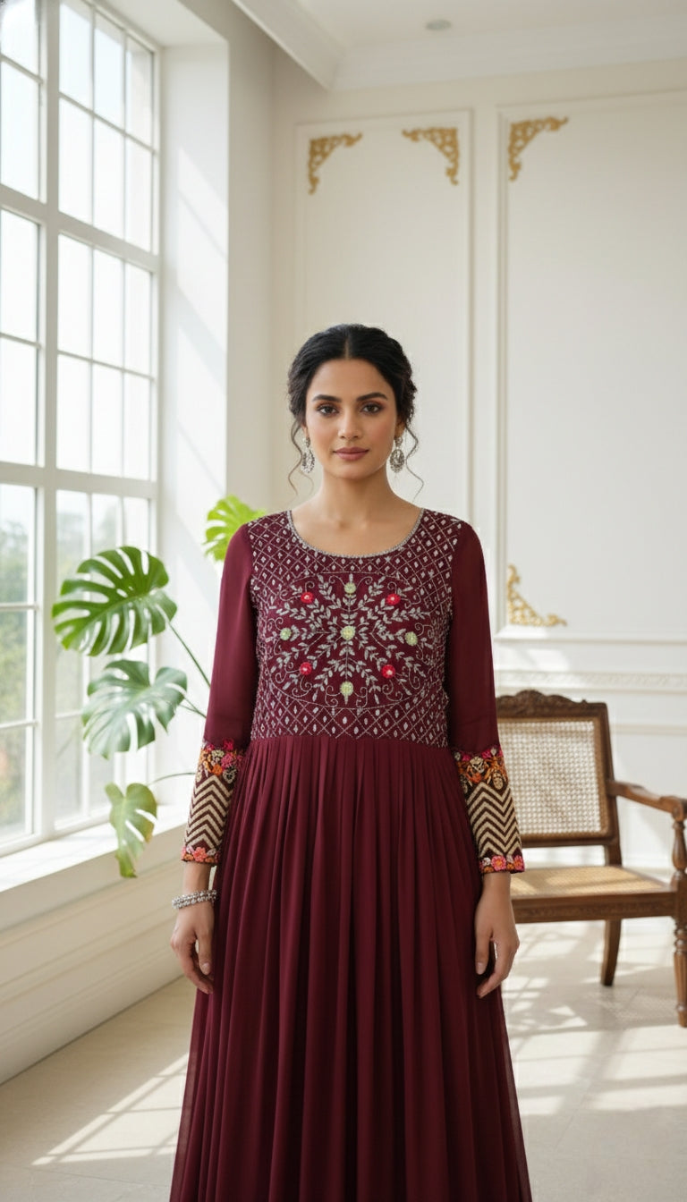 WOMEN BROWN HAND EMBOIDERED GEORGETTE LONG GOWN DUPPATTA SET