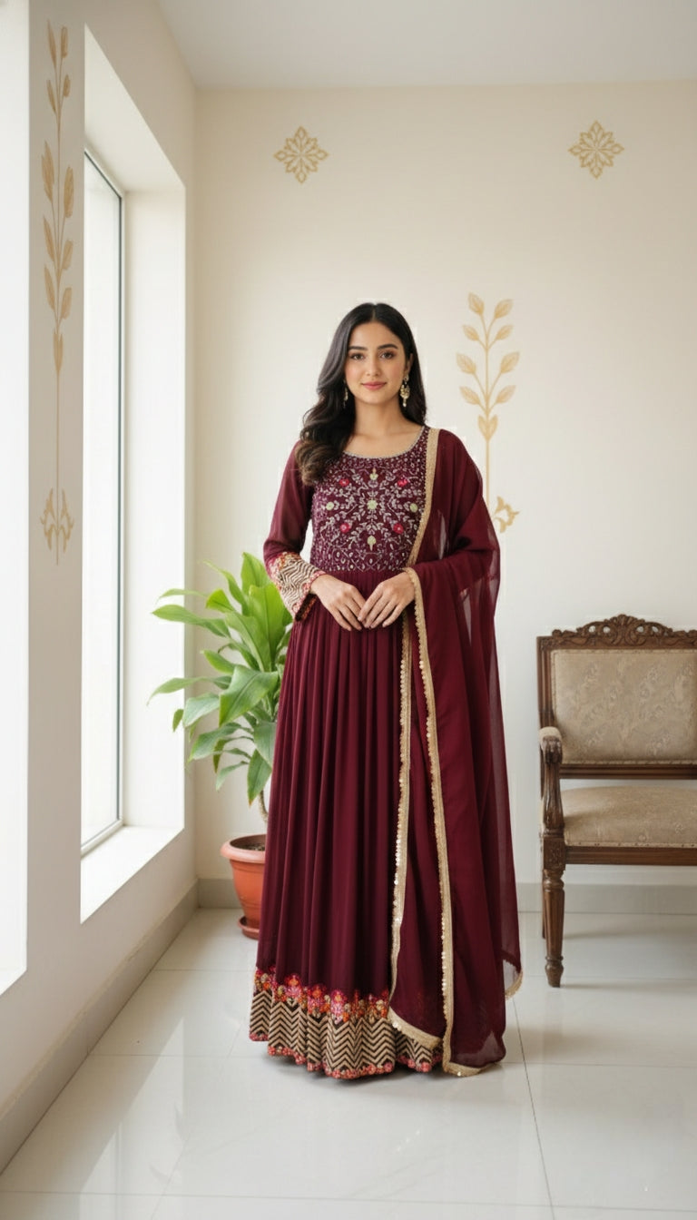 WOMEN BROWN HAND EMBOIDERED GEORGETTE LONG GOWN DUPPATTA SET