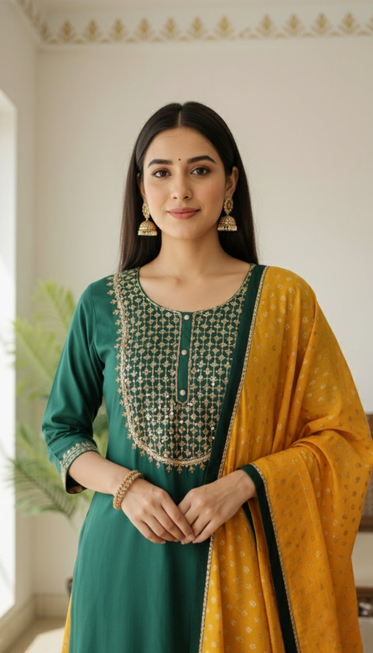 Women Dark GREEN Hand  SILK KURTA LEHENGA AND DUPPATTA SET
