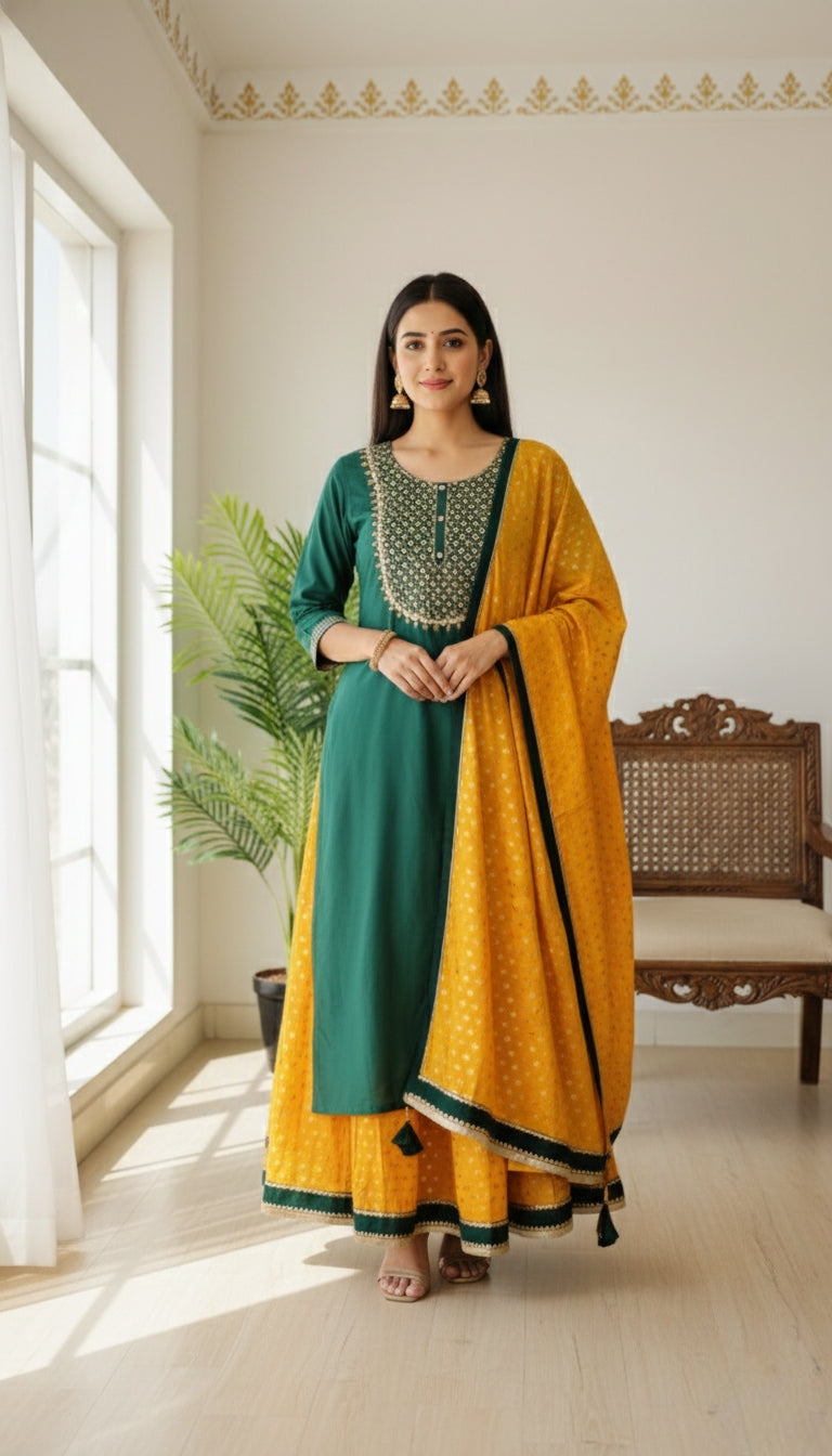 Women Dark GREEN Hand  SILK KURTA LEHENGA AND DUPPATTA SET