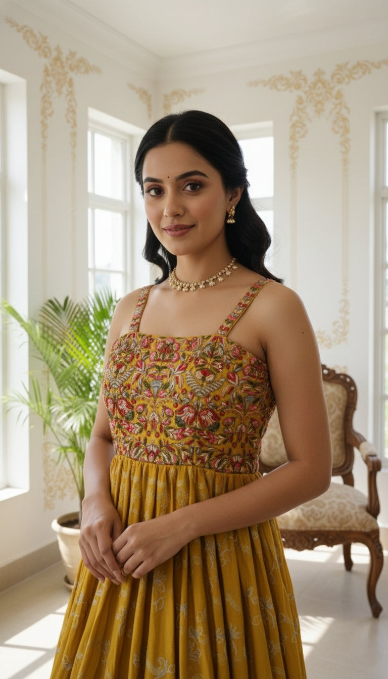 WOMEN YELLOW BEADS AND THREAD EMBOIDERED SILK SHORT KURTI SHARARA DUPPATTA SET