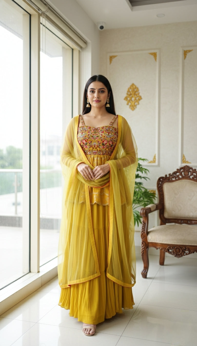 WOMEN YELLOW BEADS AND THREAD EMBOIDERED SILK SHORT KURTI SHARARA DUPPATTA SET