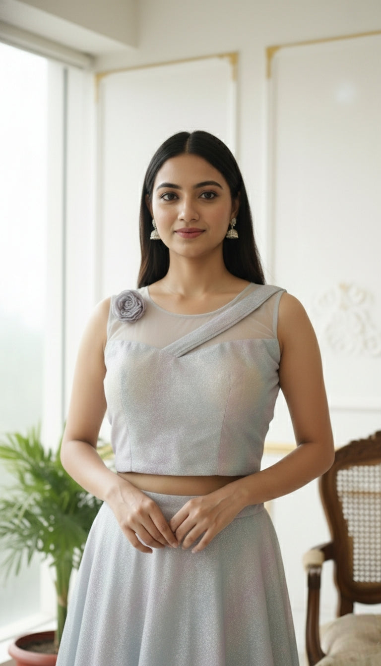 WOMEN LIGHT BLUE GLITTER WORK GEROGETTE LEHENGA CHOLI DUPPATTA SET