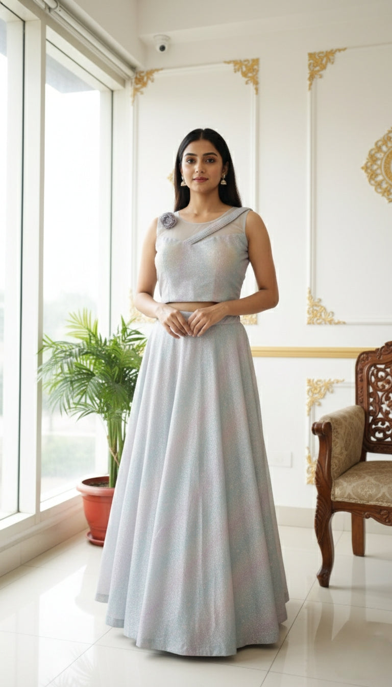 WOMEN LIGHT BLUE GLITTER WORK GEROGETTE LEHENGA CHOLI DUPPATTA SET