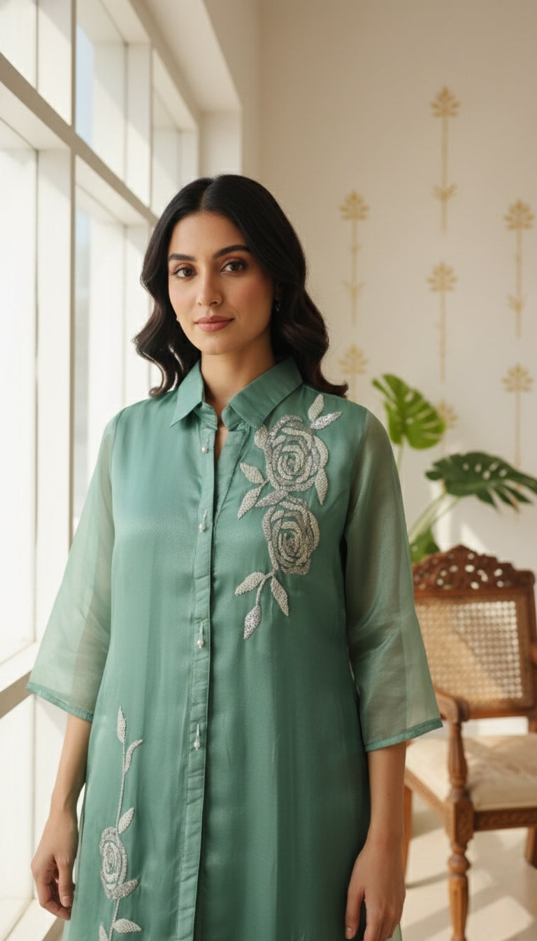 Women Sky Blue Beads Work Chinnon Coord Set