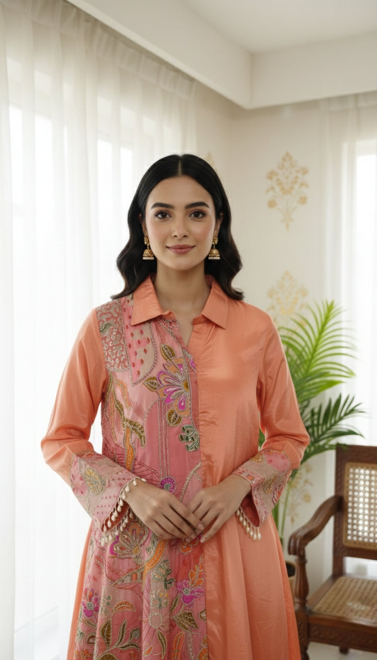 Women Orange Applique Work Crepe Silk Kurta Pant Set