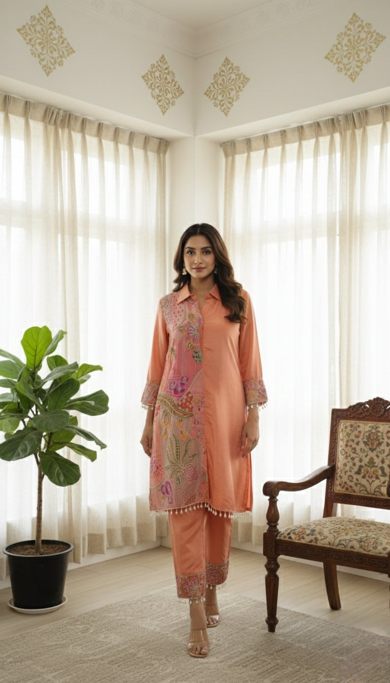 Women Orange Applique Work Crepe Silk Kurta Pant Set