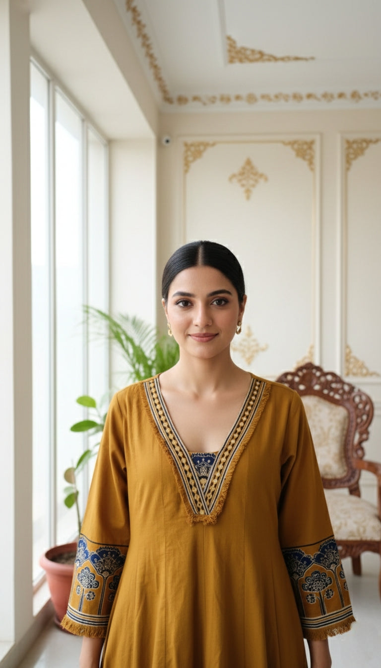 Women Mustard Yellow Embroidered Cotton Kurta Pant Dupatta Set