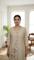 Women Beige Embroidered Mul Chanderi Kurta Pant Dupatta Set