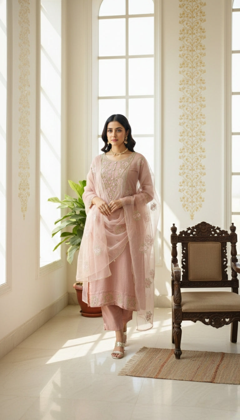 Women Pink Thread Embroidered Tissue Kurta Pant Dupatta Set