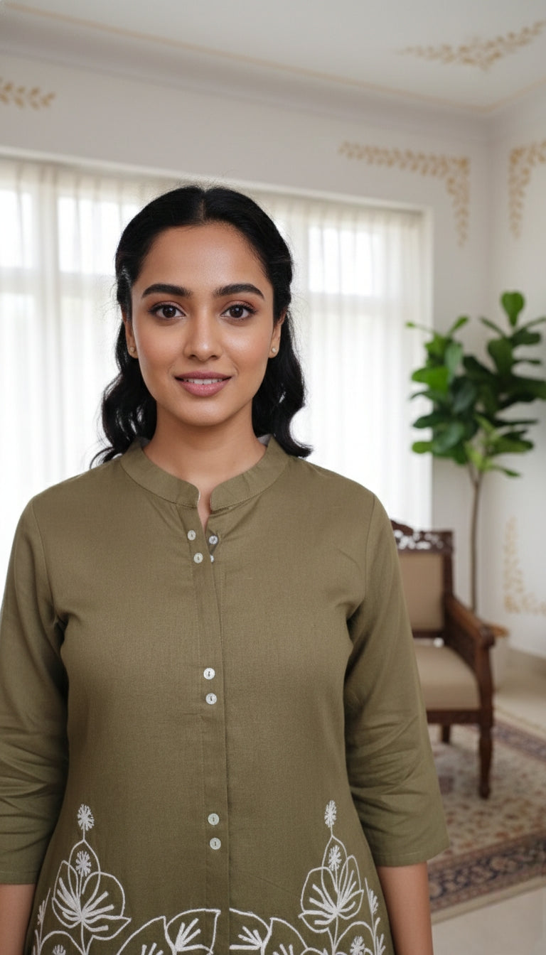 Women Mehandi Embroidered Cotton Coord Set