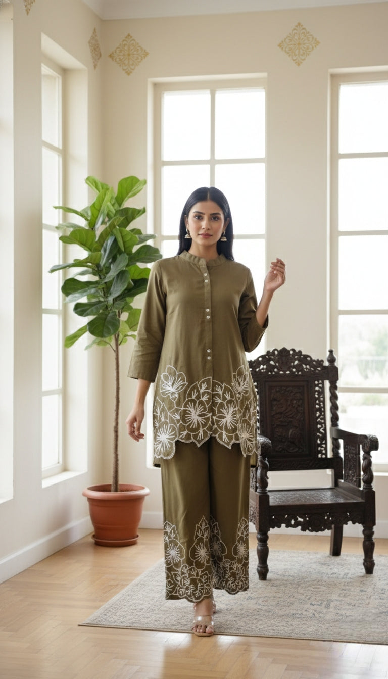 Women Mehandi Embroidered Cotton Coord Set