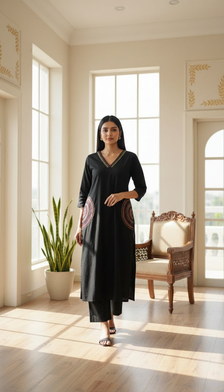 Women Black Embroidered Cotton Kurta Pant Set