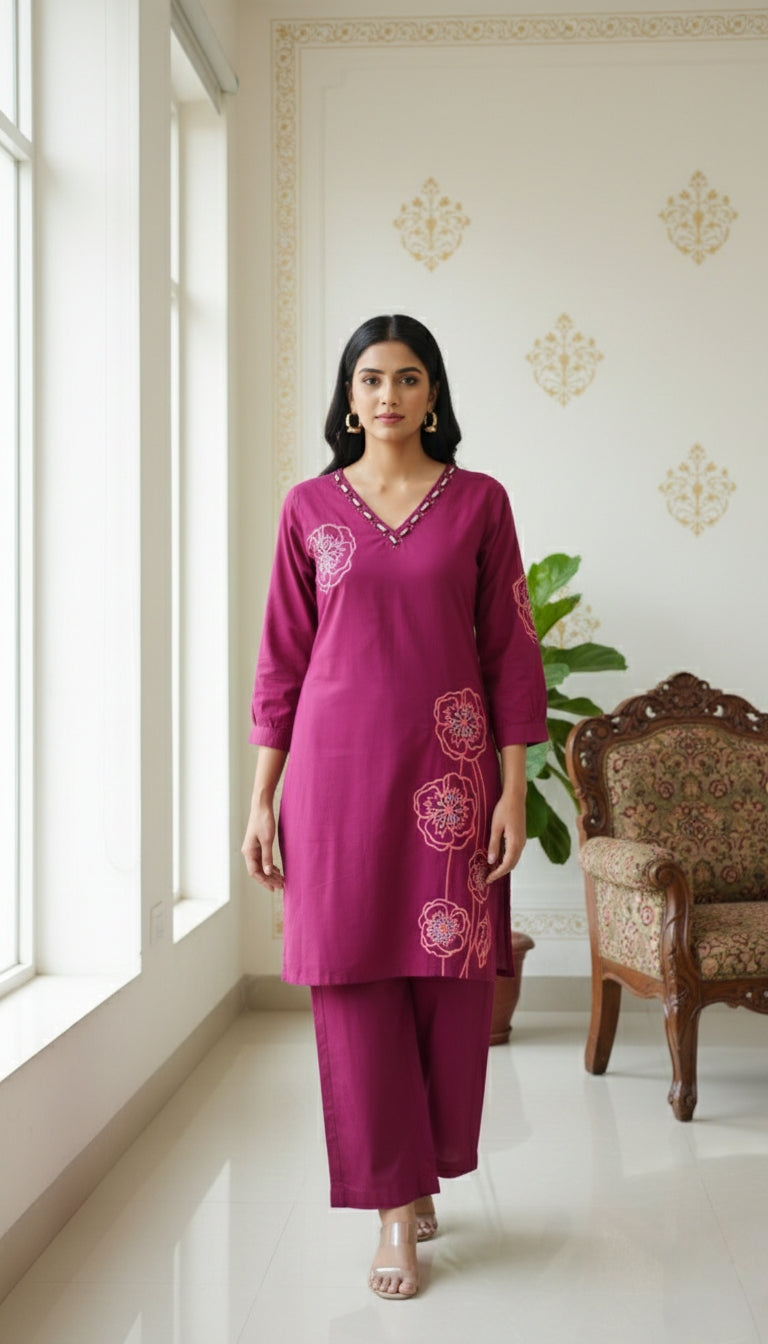 Women Purple Mirror Work Cotton Kurta Pant Set