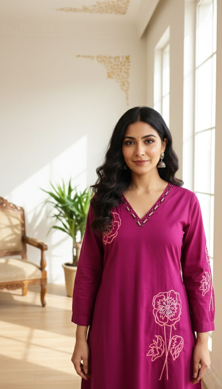 Women Purple Mirror Work Cotton Kurta Pant Set