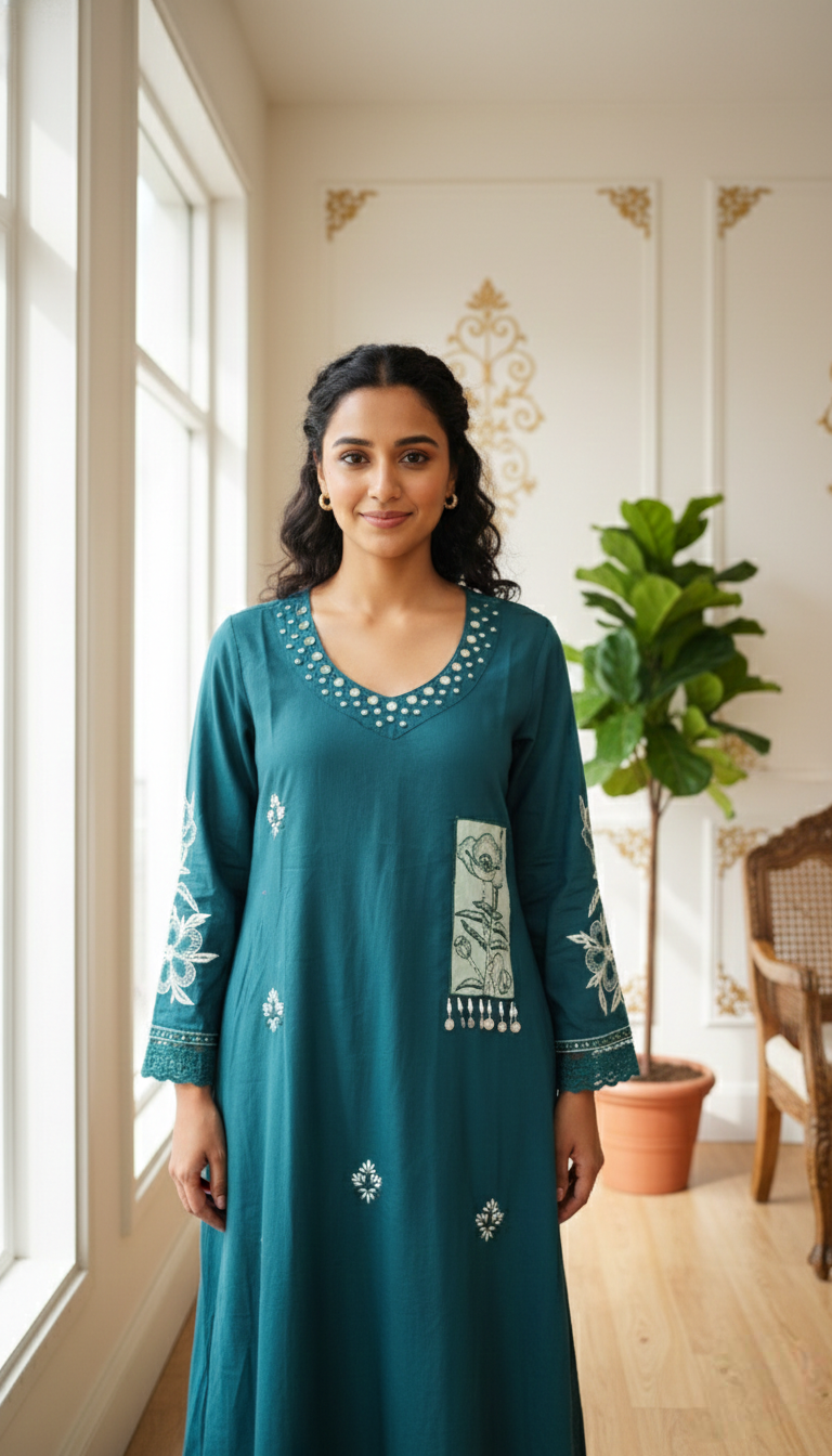 Women Teal Blue Mirror Work Cotton Kurta Pant Dupatta Set