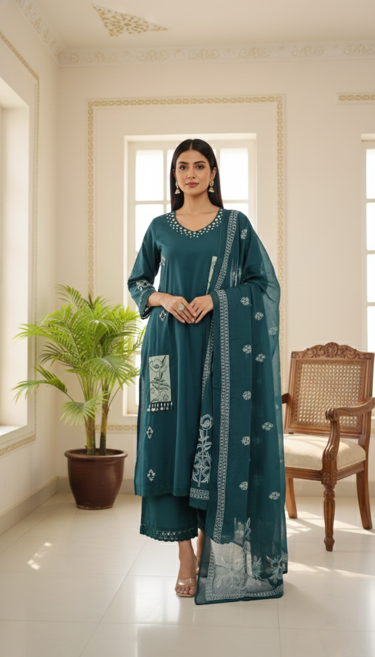 Women Teal Blue Mirror Work Cotton Kurta Pant Dupatta Set