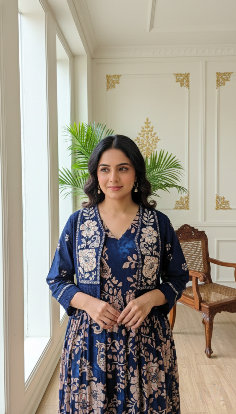 Women Navy Blue Embroidered Cotton Jacket with Gown