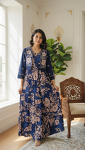 Women Navy Blue Embroidered Cotton Jacket with Gown