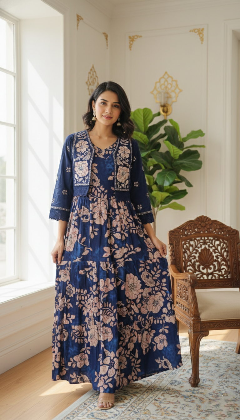 Women Navy Blue Embroidered Cotton Jacket with Gown