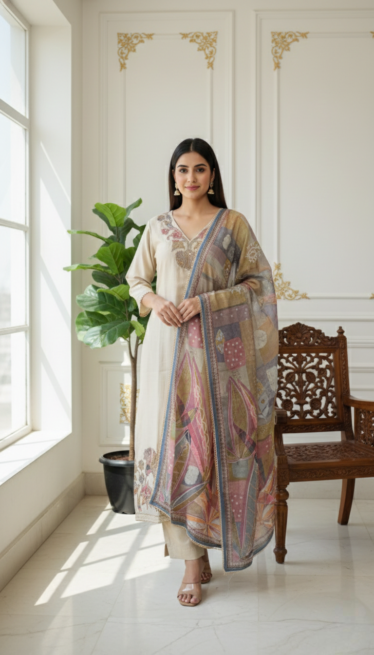 Women Beige Thread Embroidered Chanderi Kurta Pant Dupatta Set