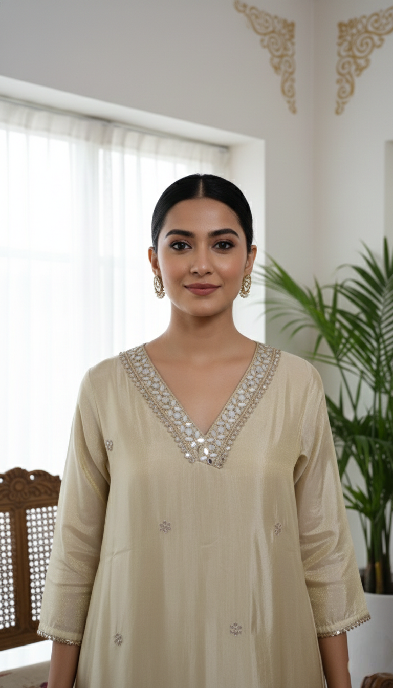 Women Beige Mirror Work Tissue Kurta Pant Dupatta Set