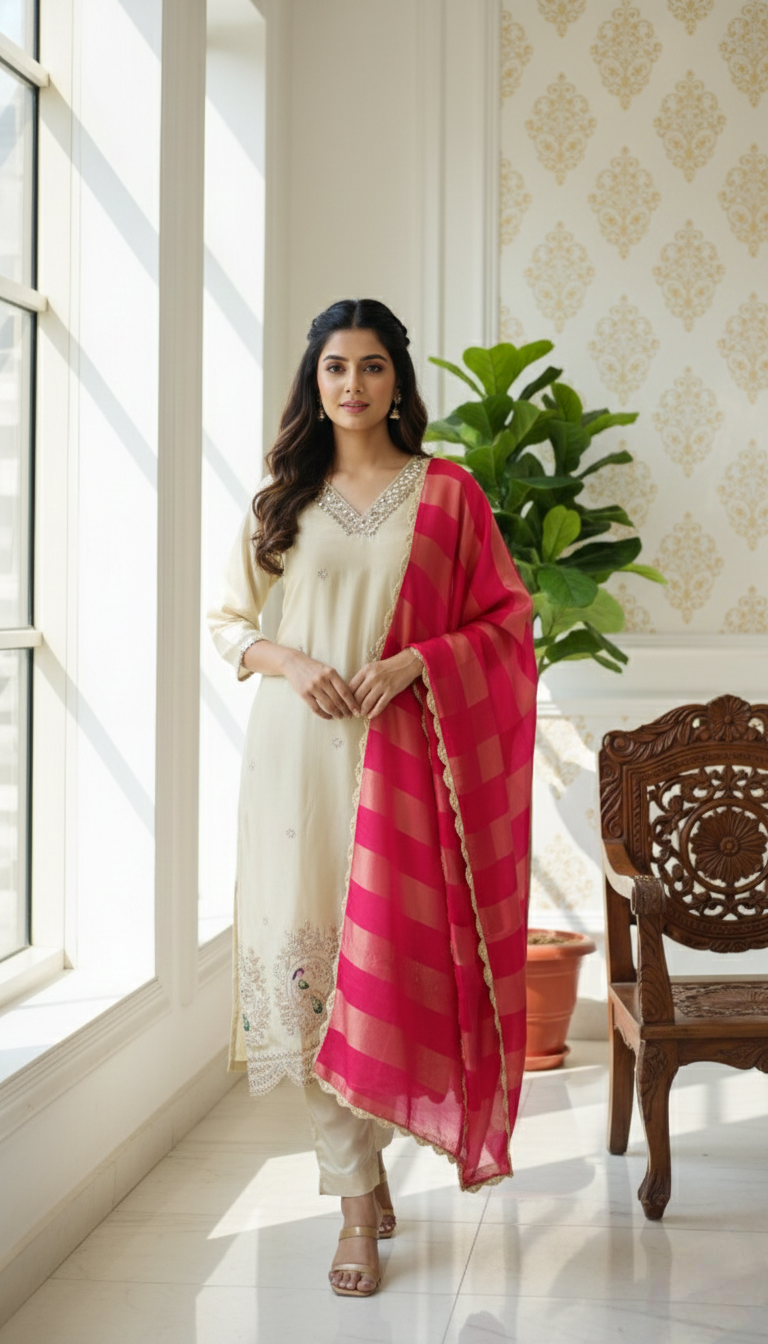 Women Beige Mirror Work Tissue Kurta Pant Dupatta Set