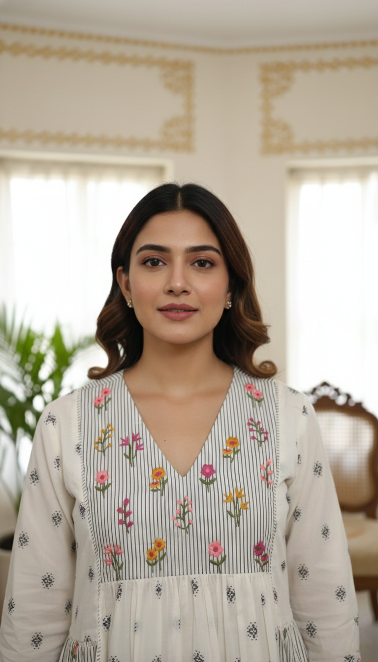 Women White Floral Embroidered Cotton Kurta Pant Dupatta Set