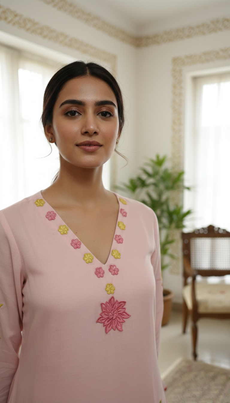 Women Pink Floral Embroidered Mul Cotton Kurta Pant Dupatta Set