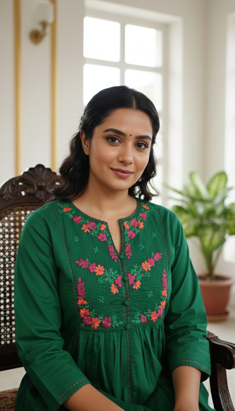 Women Green Thread Embroidered Cotton Kurta Pant Dupatta Set