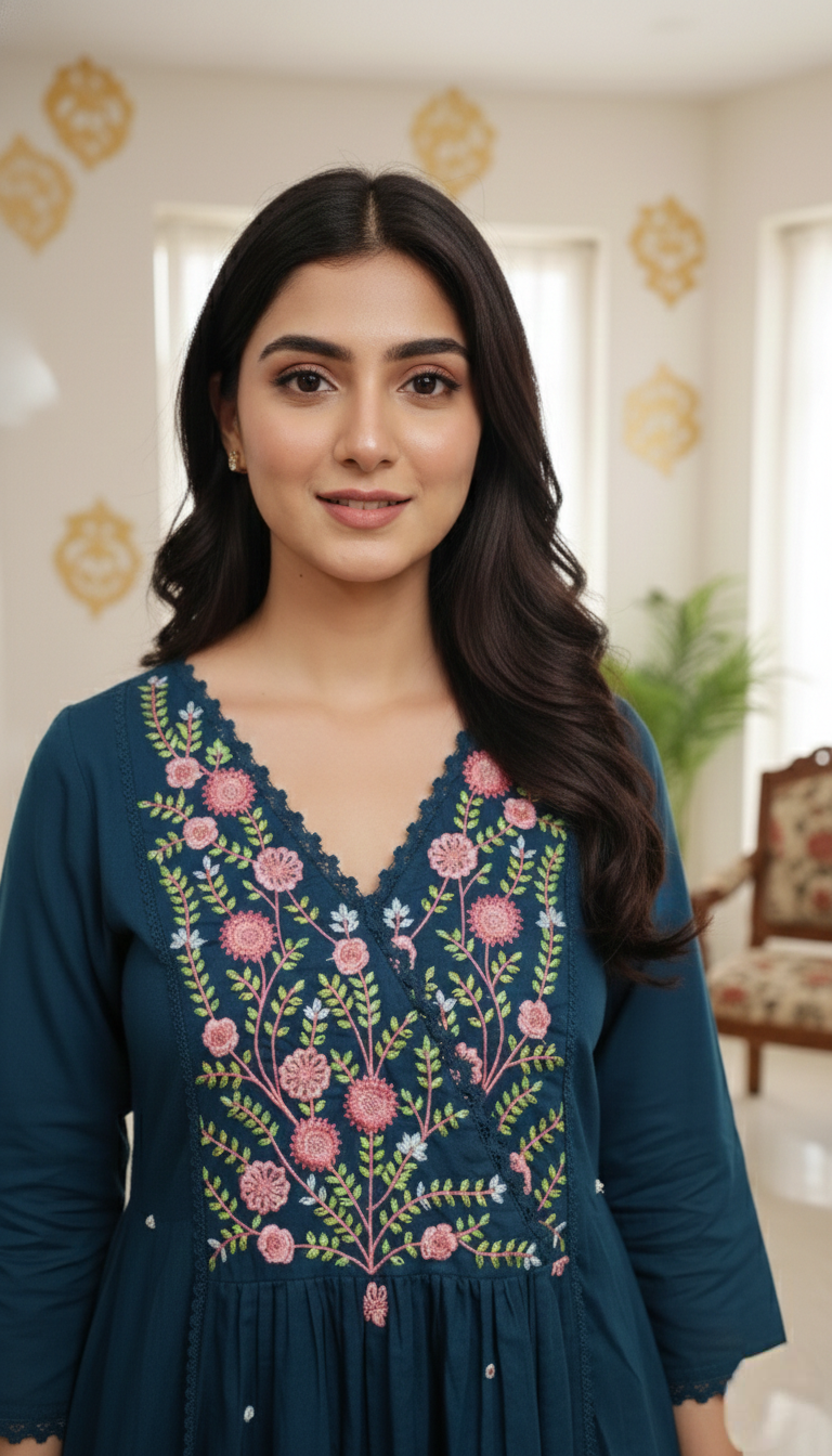 Women Blue Thread Embroidered Cotton Kurta Pant Dupatta Set