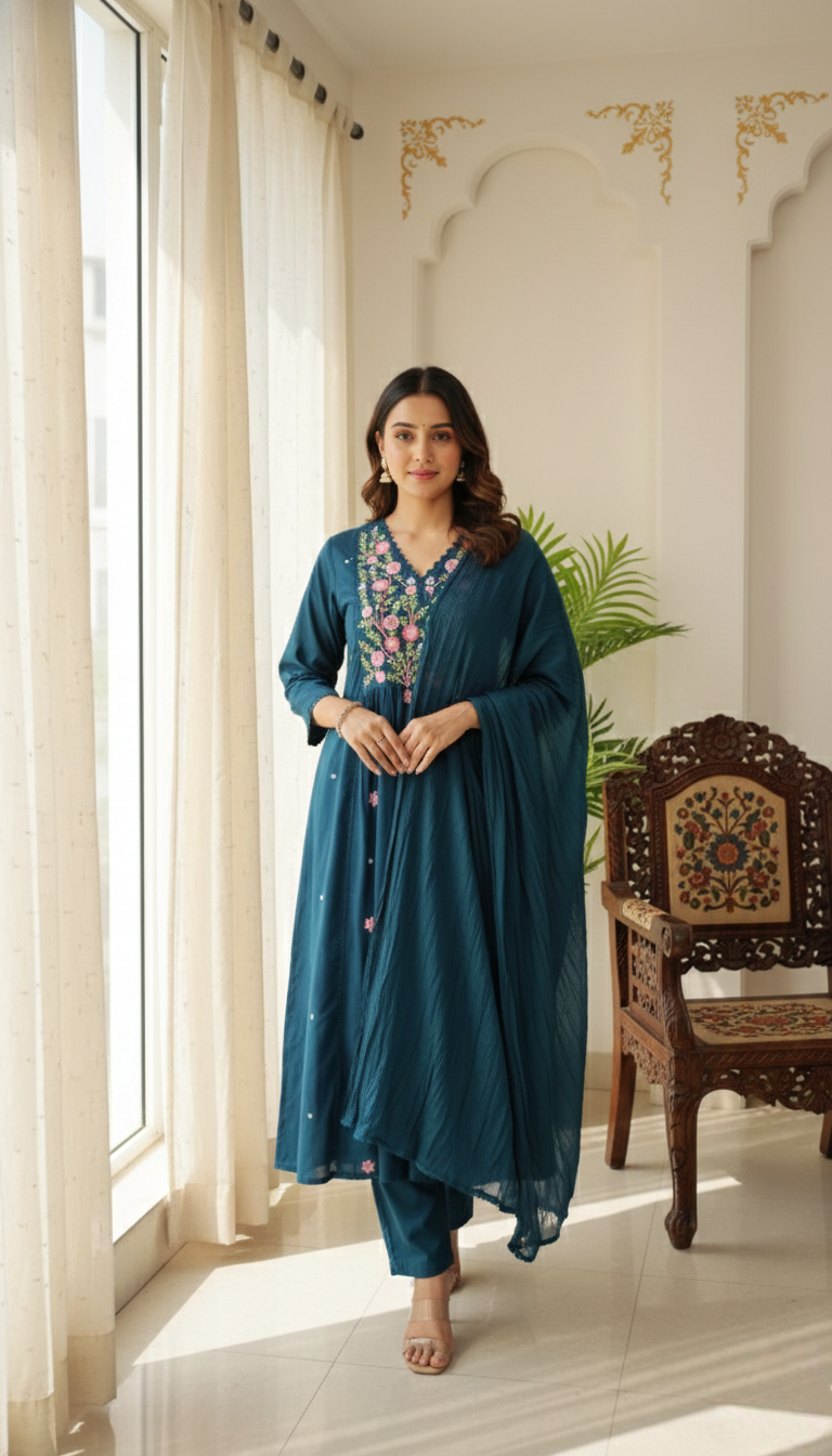 Women Blue Thread Embroidered Cotton Kurta Pant Dupatta Set