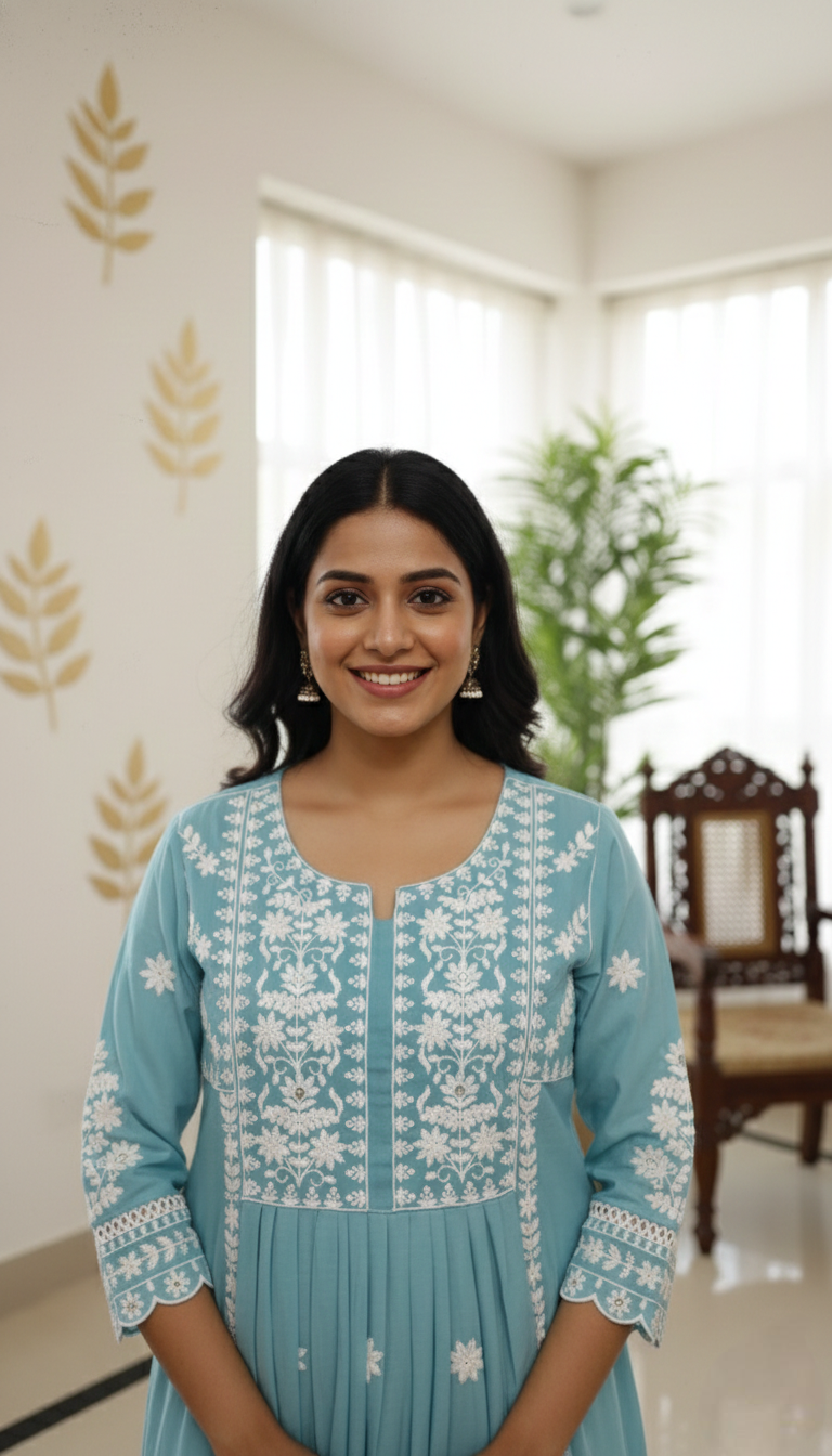 Women Sky Blue Lucknowi Work Mul Cotton Kurta Pant Dupatta Set