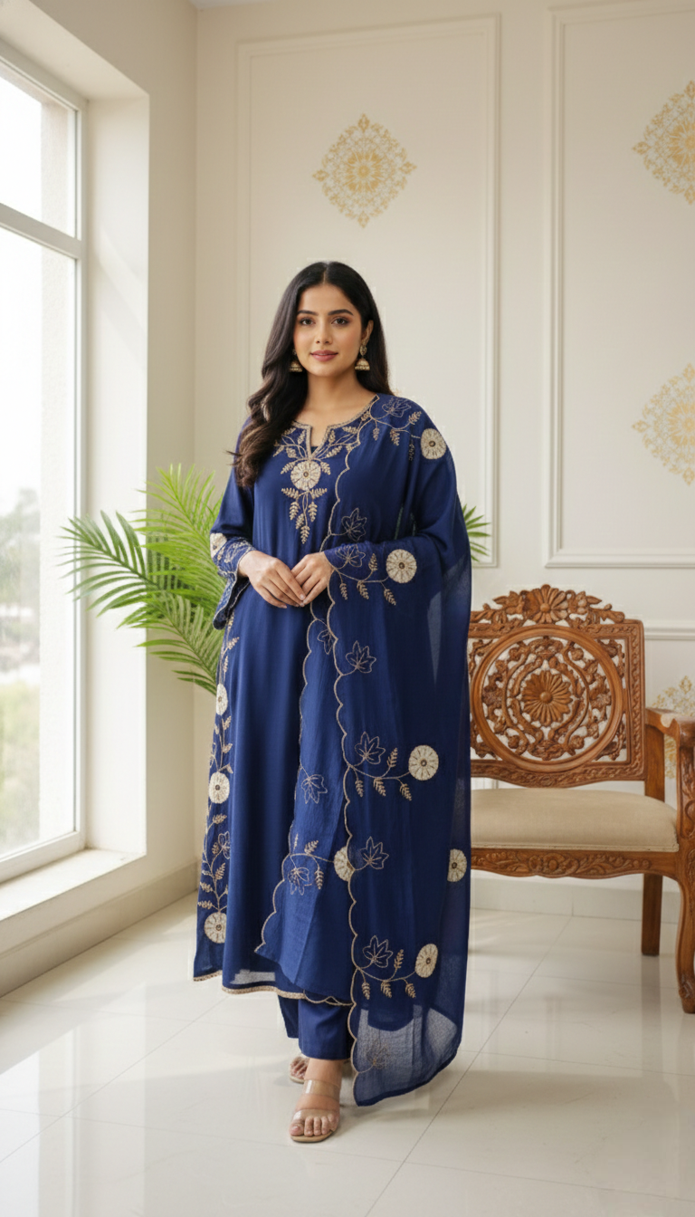 Women Navy Blue Zari Embroidered Mul Chanderi Kurta Pant Dupatta Set