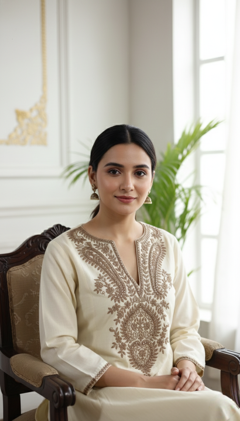 Women Beige Thread Embroidered Cotton Kurta Pant Set