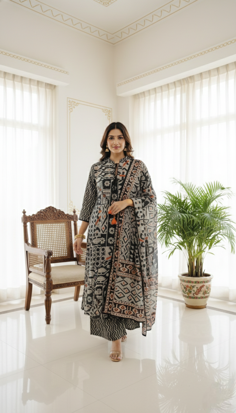 Women Multicolour Printed Cotton Kurta Pant Dupatta Set