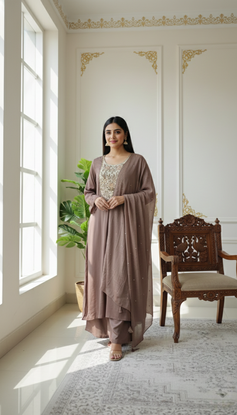 Women Coffee Thread Embroidered Chinnon Kurta Pant Dupatta Set