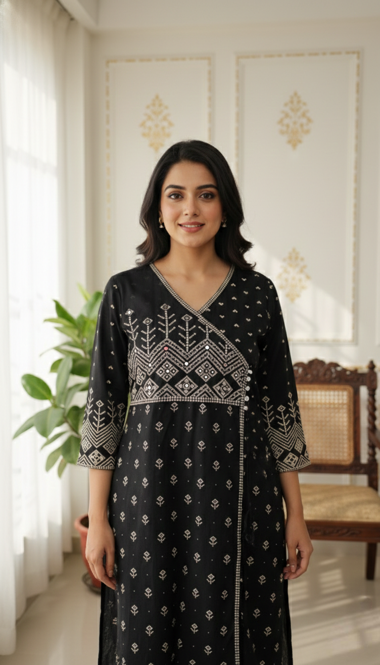 Women Black Printed And Mirror Work Cotton Kurta Pant Dupatta Set