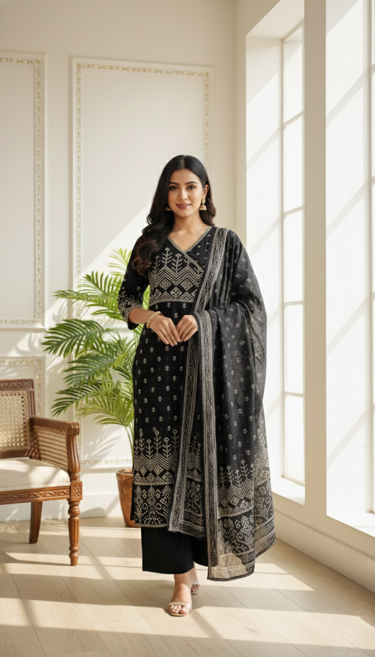 Women Black Printed And Mirror Work Cotton Kurta Pant Dupatta Set